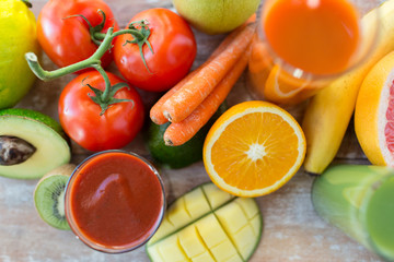 close up of fresh juice glass and fruits on table