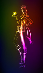 Hand-drawn fashion model from a neon. A light girl's