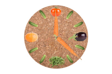 Clock of vegetables on a stand under the hot and with arrows of