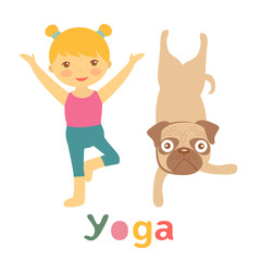 Little girl and pug doing yoga