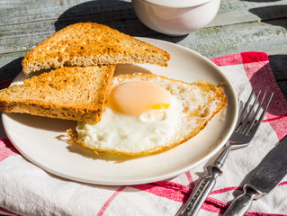 crispy toast with a fried egg and a cup of coffee. breakfast