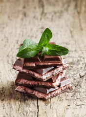 Milk chocolate with a pink stuffing, selective focus