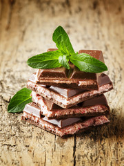 Milk chocolate with a pink stuffing, selective focus