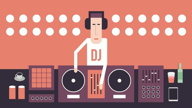 DJ and his equipment, dance music, flat design, red background