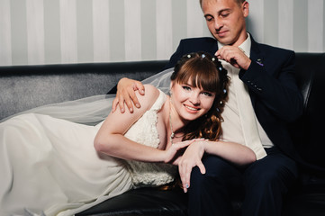 Charming bride and groom on their wedding celebration in a