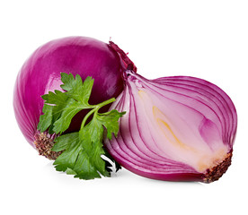 Red sliced onion isolated on white background
