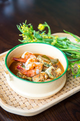 Thai traditional dish prawn with omelette.