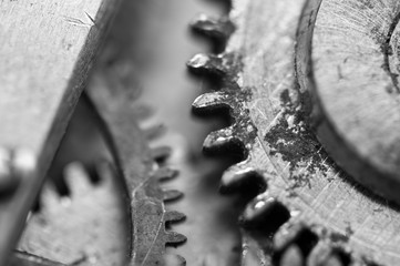 Black and White Macro-Photo, Metal Cogwheels in Old Clockwork.