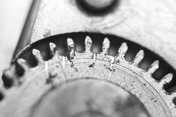 Black and White Macro-Photo, Metal Cogwheels in Old Clockwork.