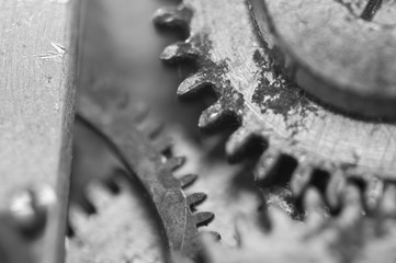 Black and White Macro-Photo, Metal Cogwheels in Old Clockwork.