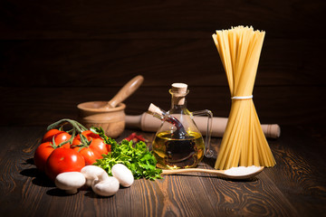 Set for cooking pasta. Rustic. Sunlight.