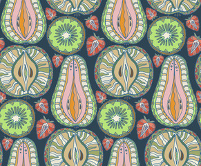 Seamless fruits pattern. Abstract background with fruits. Health