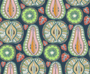 Seamless fruits pattern. Abstract background with fruits. Health