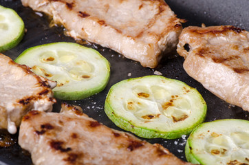 Meat with zucchini to fry on the grill pan
