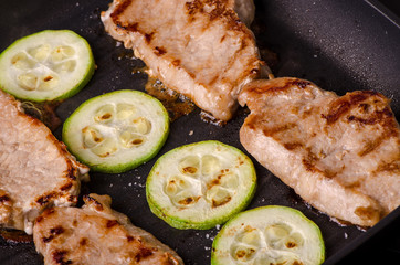 Meat with zucchini to fry on the grill pan