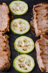 Meat with zucchini to fry on the grill pan