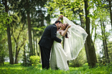 wedding couple. Veil bride at the air