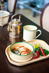 Thai traditional dish prawn with omelette.