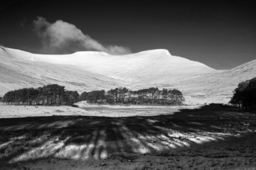 Fresh Winter landscape of snow covered mountain range and forest