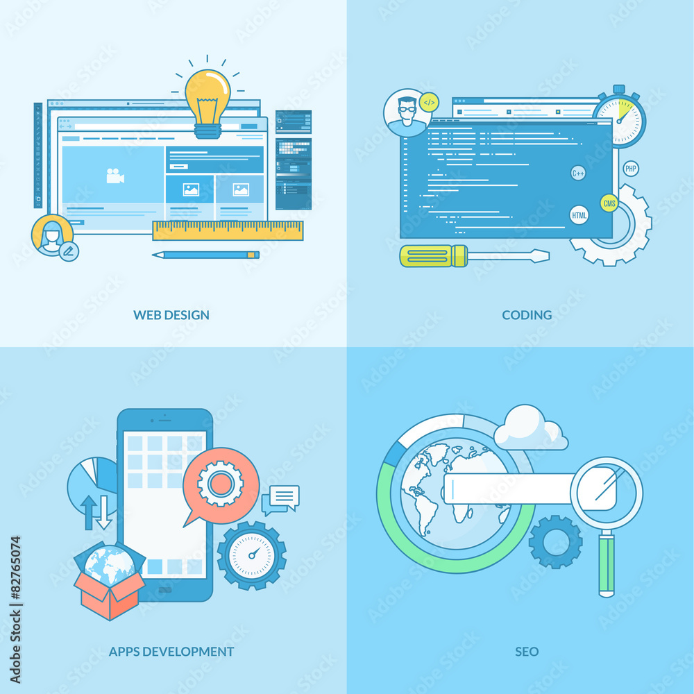 Poster set of line icons for web design and development