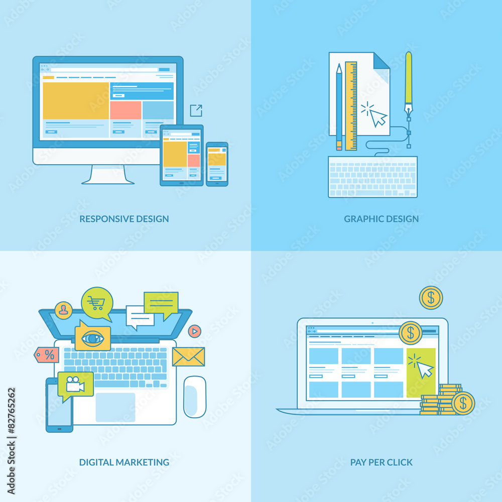 Fototapete Set of line concept icons with flat design elements