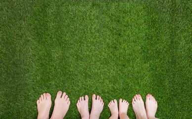 Family legs standing together on green grass