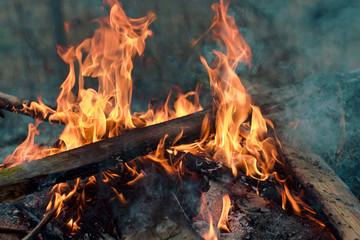 Planks burning in bonfire