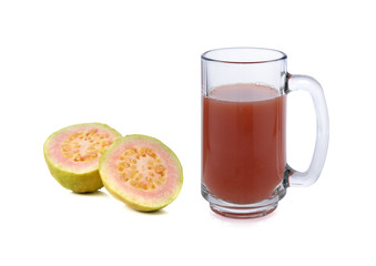 a glass of pink guava juice on white background