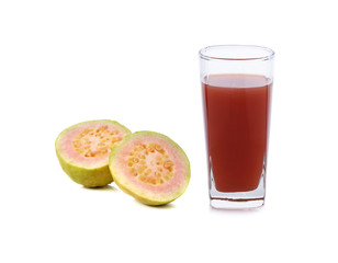 a glass of pink guava juice on white background