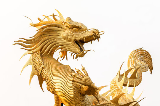 Golden dragon statue on white background
