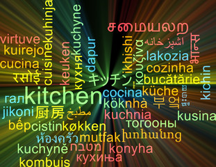 Kitchen multilanguage wordcloud background concept glowing
