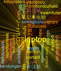 Laptop multilanguage wordcloud background concept glowing