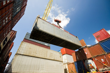 container operation in port terminal, Brazil, night