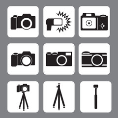 DSLR Camera, flash, tripod, monopod in vector icon,illustration