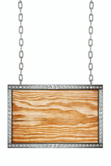 Wood signboard hanging on chains isolated
