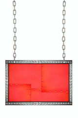 red plate with metal rivets signboard hanging on chains isolated