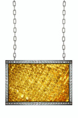 Gold sparkle glittering signboard hanging on chains isolated