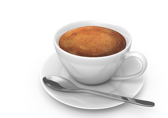 Hot espresso coffee in a white cup with a saucer and spoon