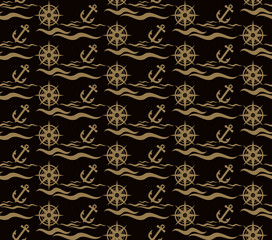 Seamless pattern wave, compass and anchor