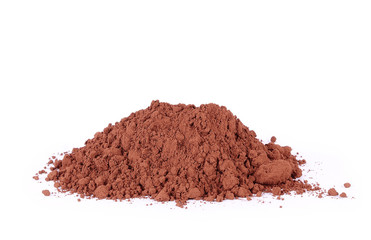 Heap of fresh cacao powder, on white ckground