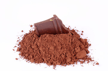 Chocolate in cocoa isolated on white