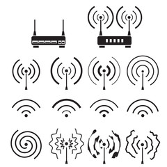 Set of wifi and wireless signal wave and router