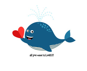 Obraz premium Cute Blue Whale with Heart