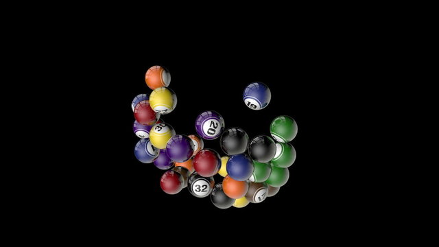 Lotto balls flying, 31 balls against light blue