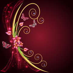 abstract background with flowers and butterflies with gems