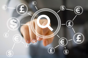 Businessman pushing button search magnifier with dollar currency