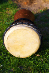 Original african djembe drum with leather lamina, on green 
