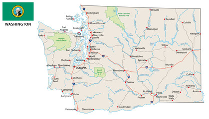 Obraz premium mapa drogowa Waszyngtonu z flagą