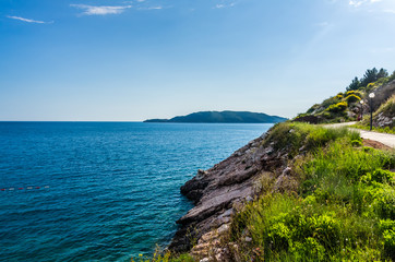 Fototapeta na wymiar View on sea and sand beach in Kamenovo, Montenegro