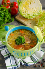 Shchi - traditional russian cabbage soup on a wooden table